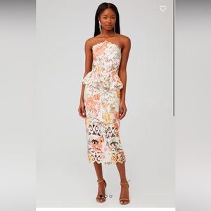 Elliatt White Lace Strapless Peplum Midi Dress with Pink & Peach Floral